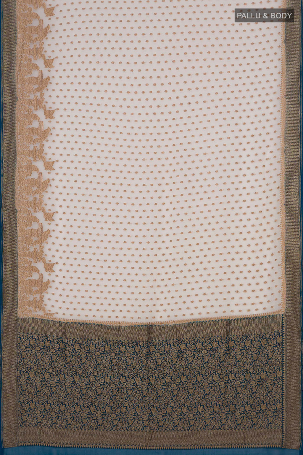 Flat view of Cream Banarasi Georgette Saree with Zari Butta on the body and Zari Border. 