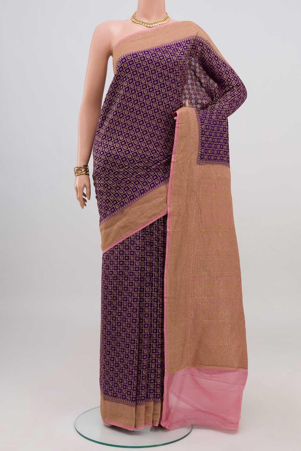 Violet Banarasi Georgette Saree with Zari Brocade on the body and Zari Border.  displayed on a mannequin