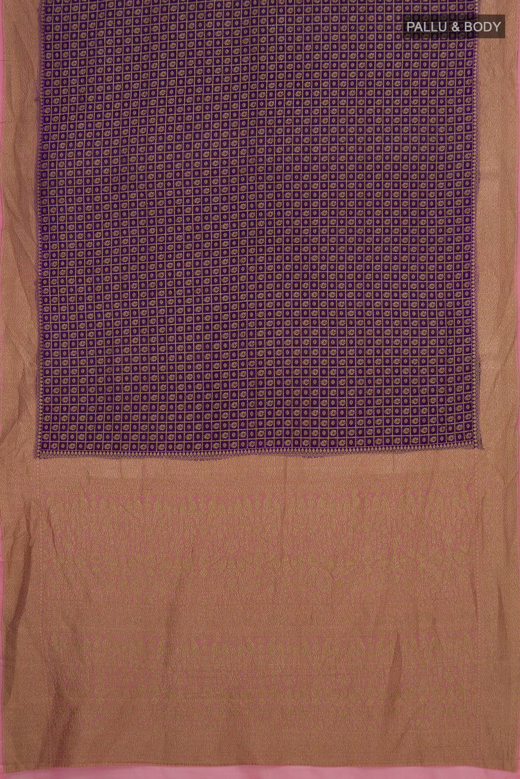 Flat view of Violet Banarasi Georgette Saree with Zari Brocade on the body and Zari Border. 