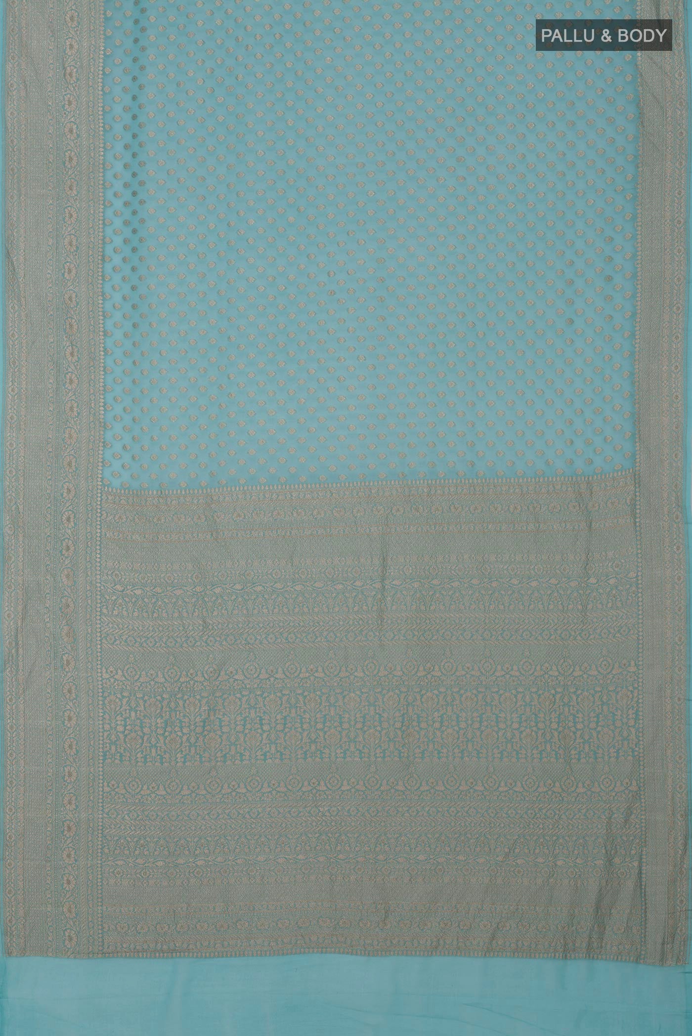 Flat view of Blue Georgette Saree with Fancy on the body and Fancy Border. 