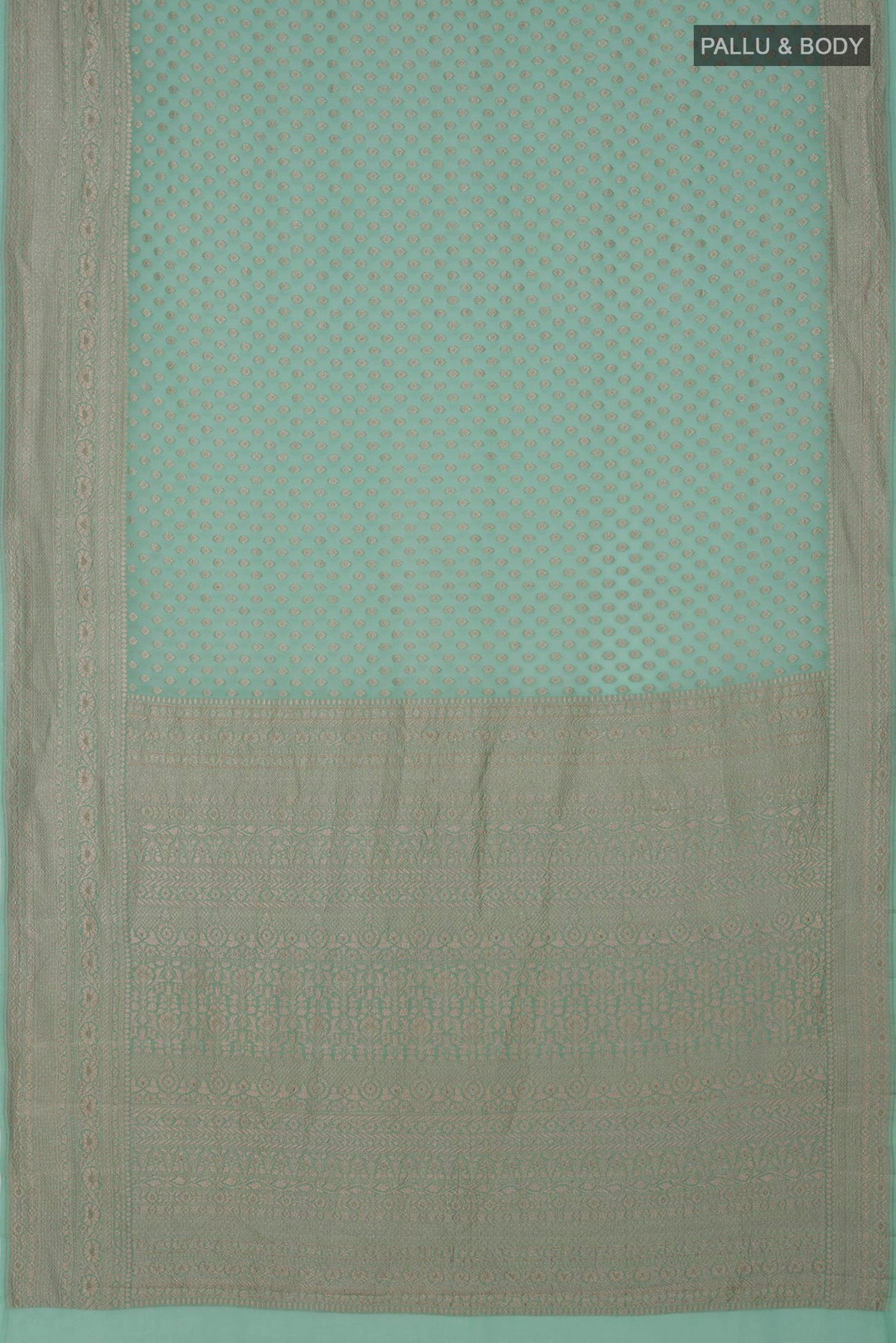 Flat view of Pista Green Georgette Saree with Fancy on the body and Zari Border. 