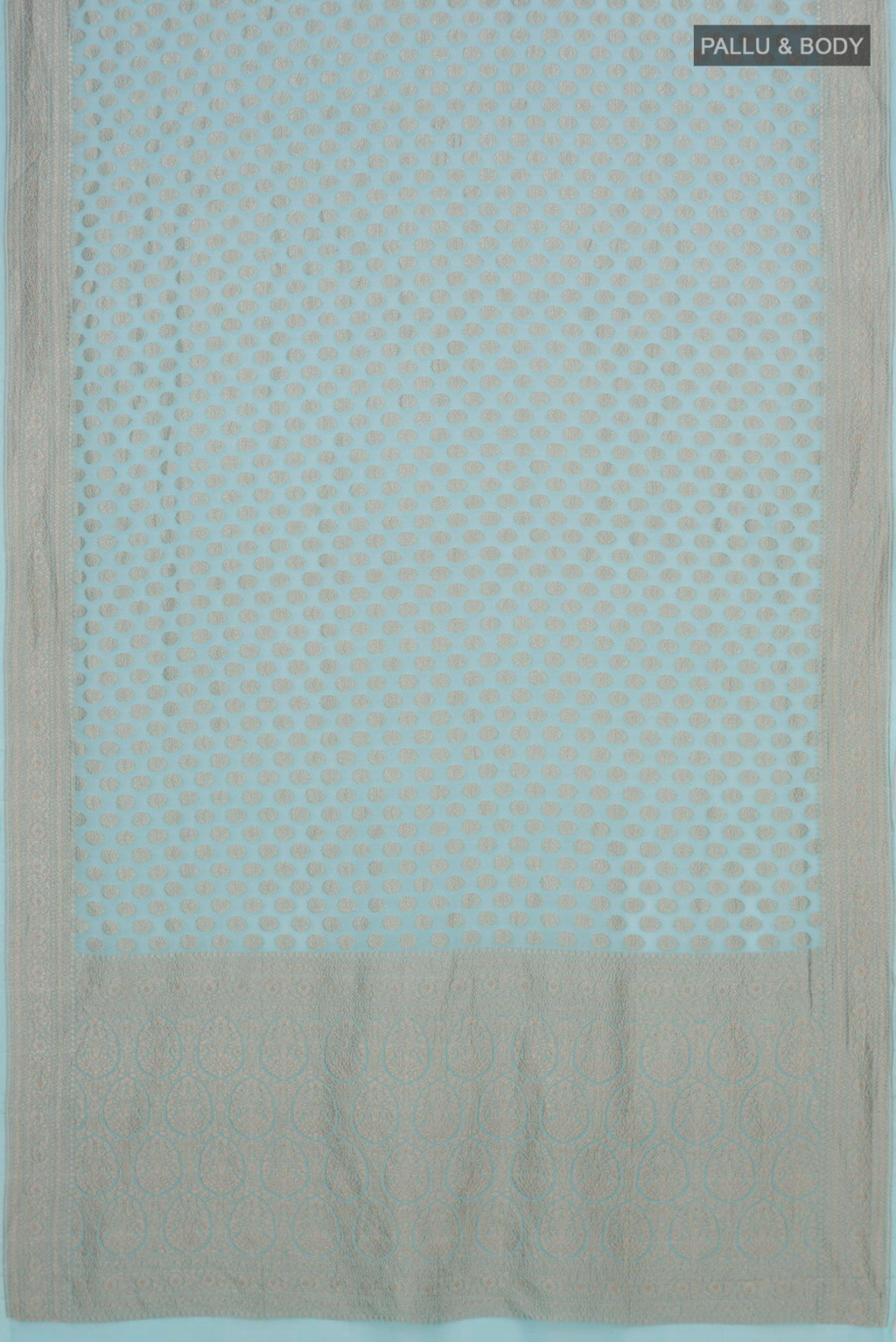 Flat view of Light Blue Banarasi Georgette Saree with Zari Brocade on the body and Zari Border. 