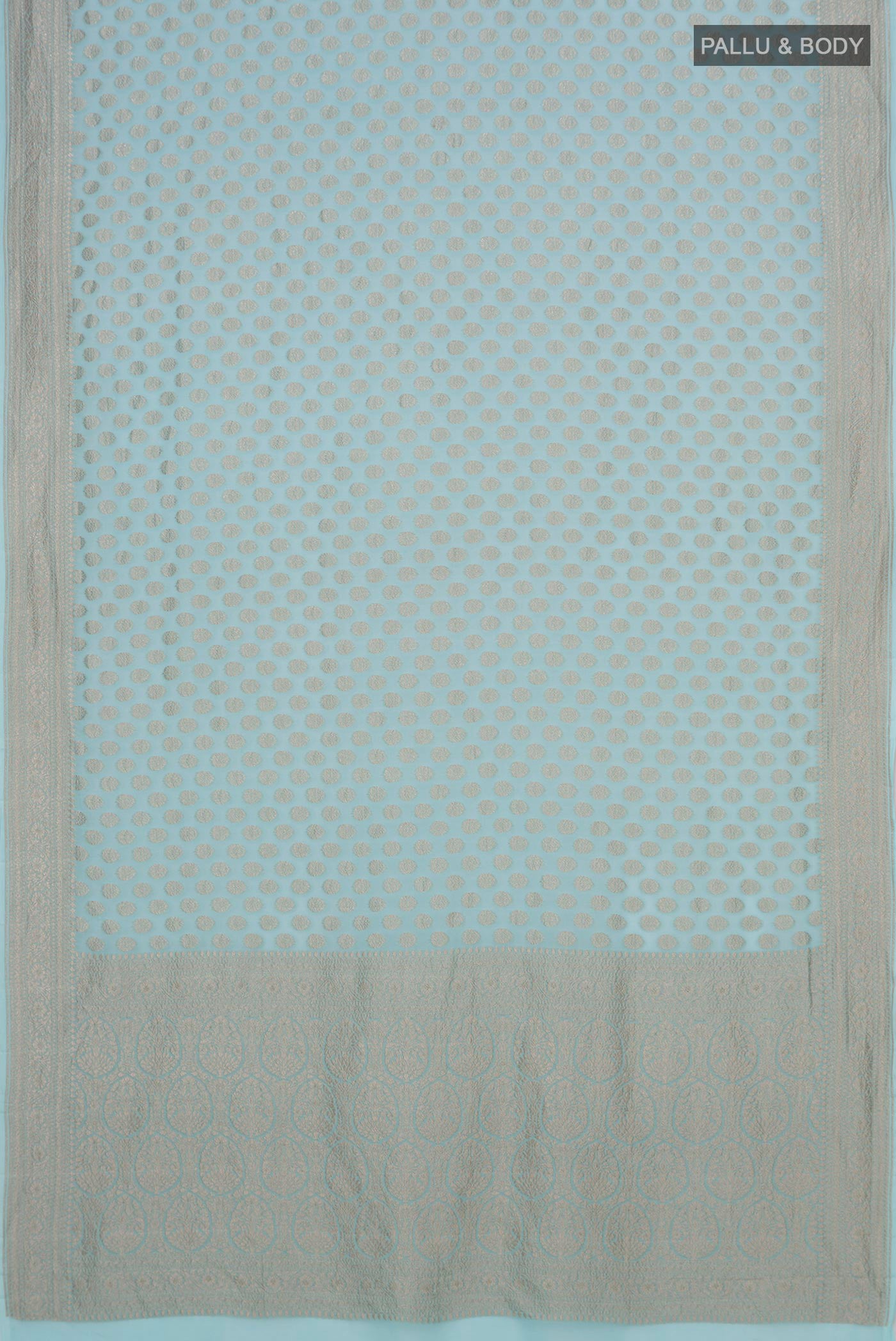 Flat view of Light Blue Banarasi Georgette Saree with Zari Brocade on the body and Zari Border. 