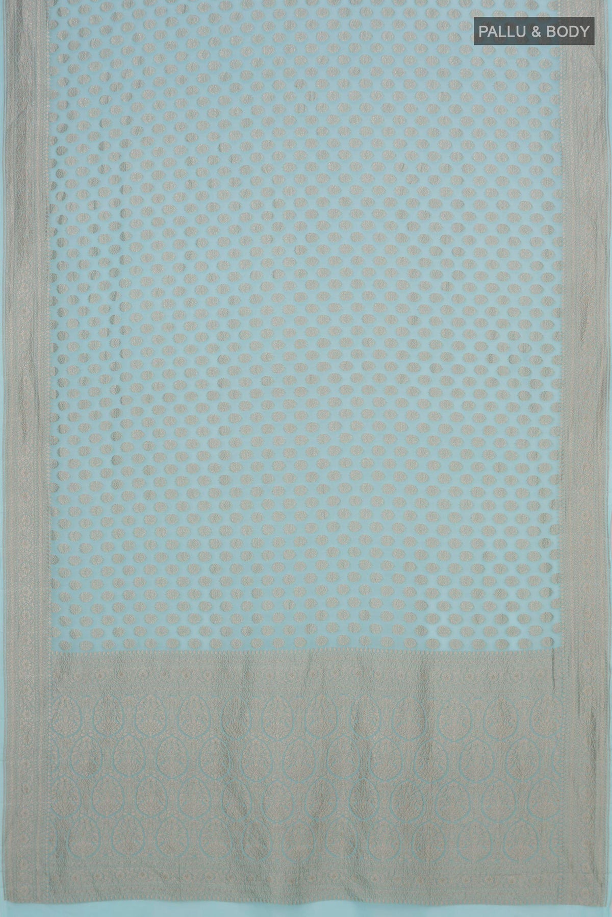 Flat view of Light Blue Banarasi Georgette Saree with Zari Brocade on the body and Zari Border. 