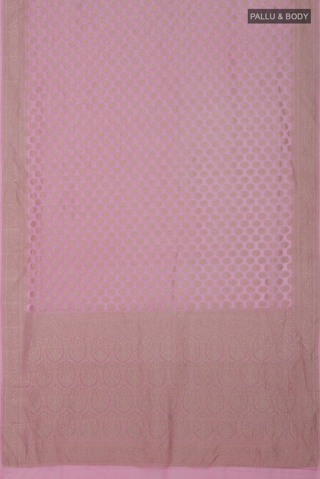 Flat view of Pink Georgette Saree with Fancy on the body and Zari Border. 