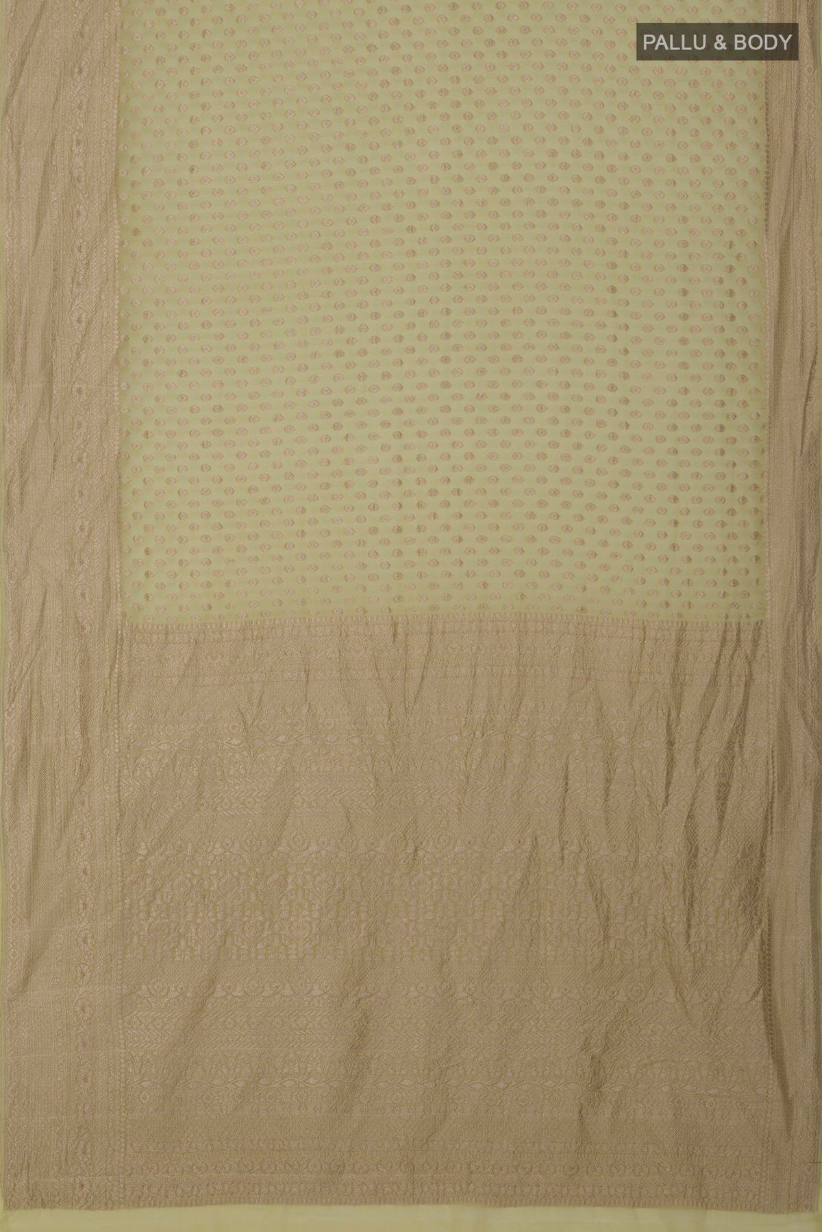 Flat view of Green Georgette Saree with Fancy on the body and Zari Border. 