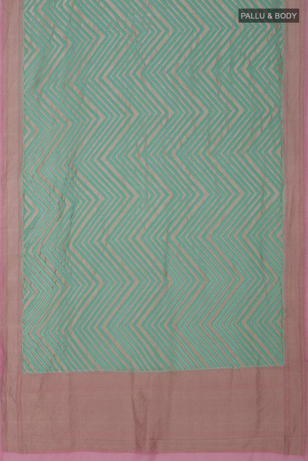 Flat view of Green Georgette Saree with Fancy on the body and Zari Border. 