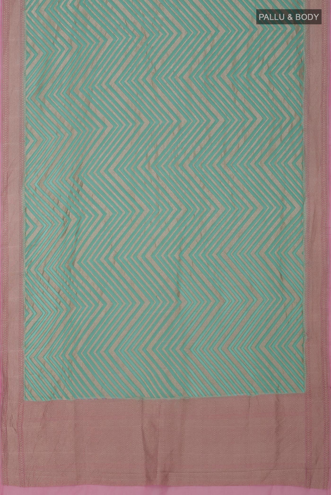 Flat view of Green Georgette Saree with Fancy on the body and Zari Border. 