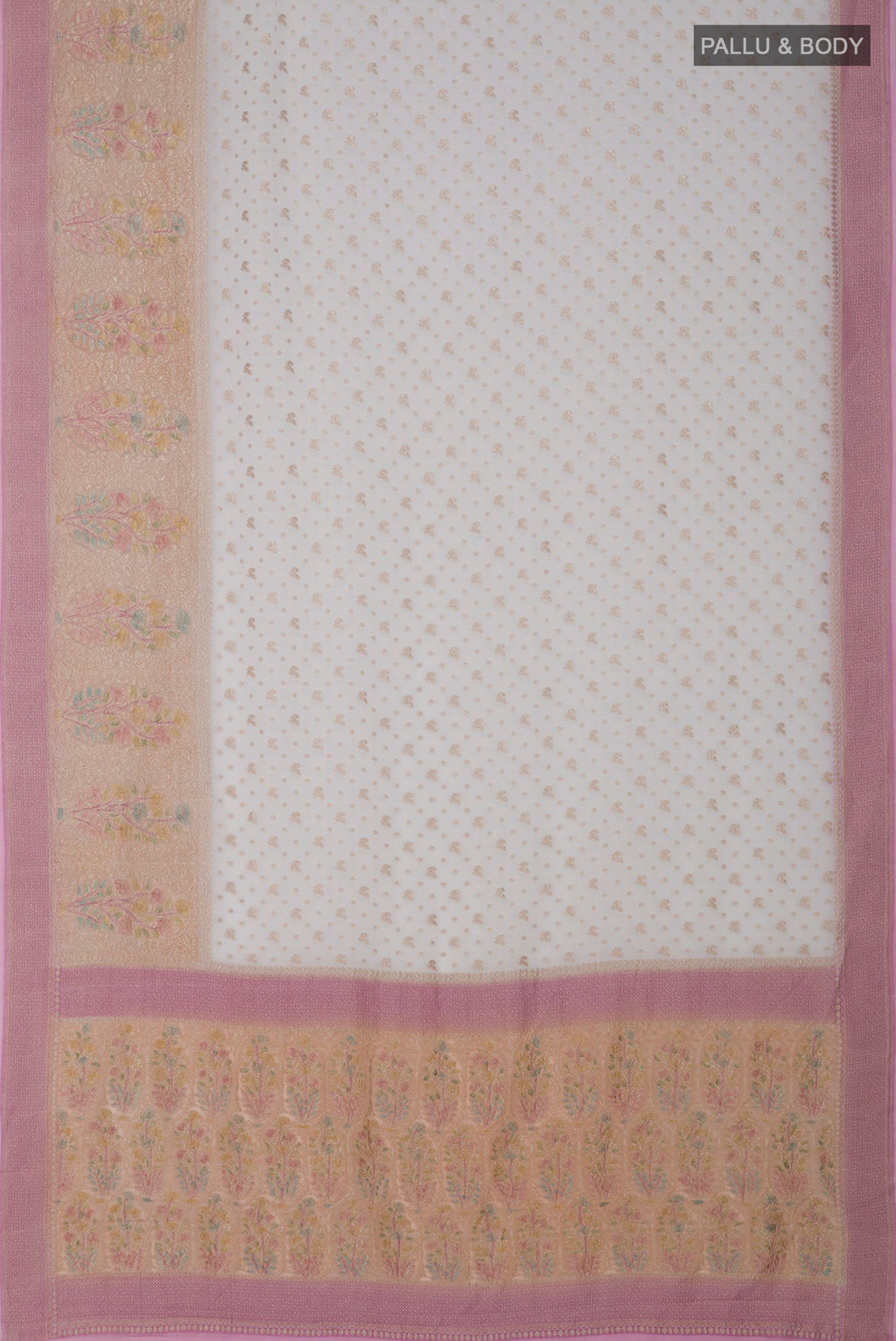 Flat view of White Georgette Saree with Fancy on the body and Fancy Border. 