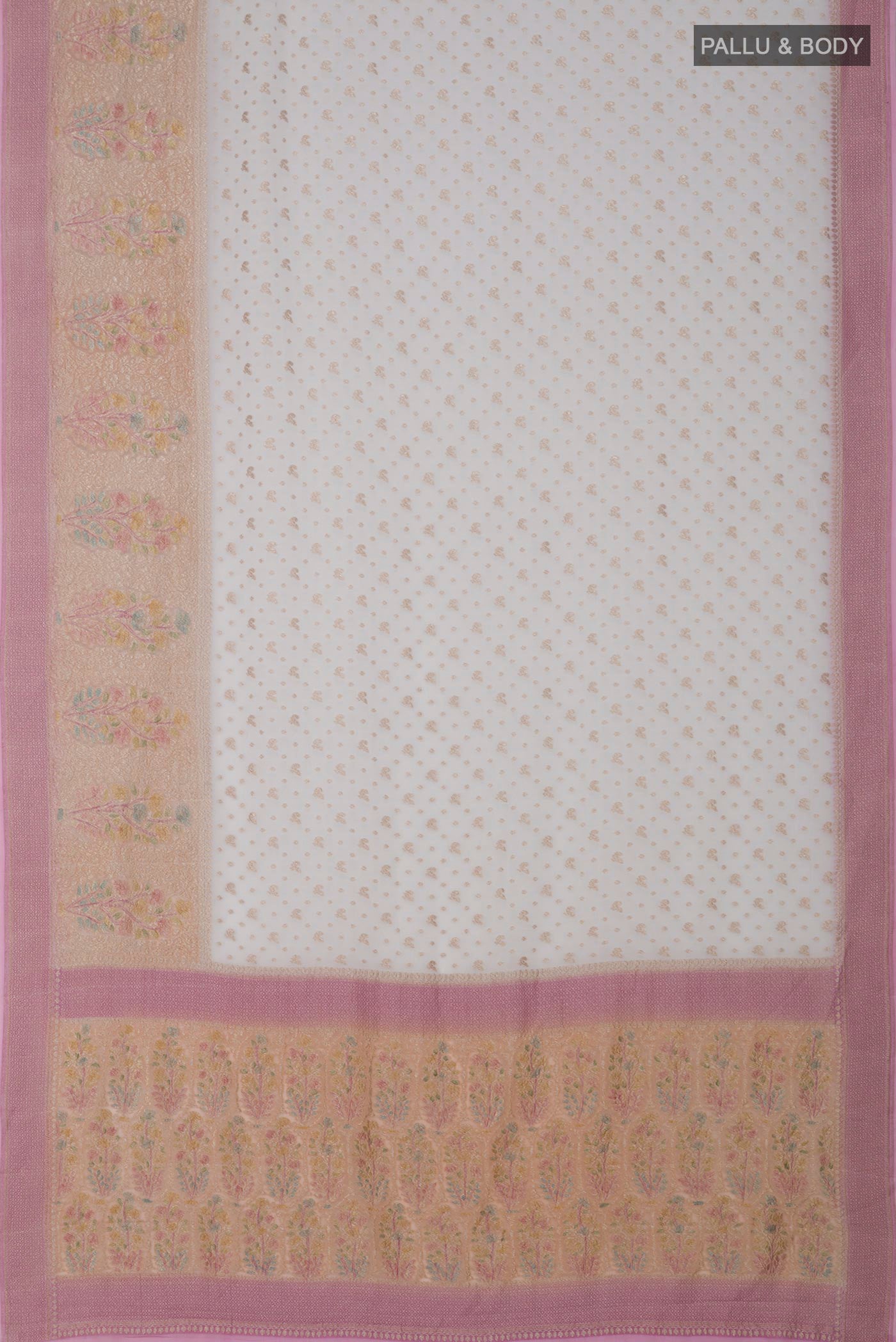 Flat view of White Georgette Saree with Fancy on the body and Fancy Border. 