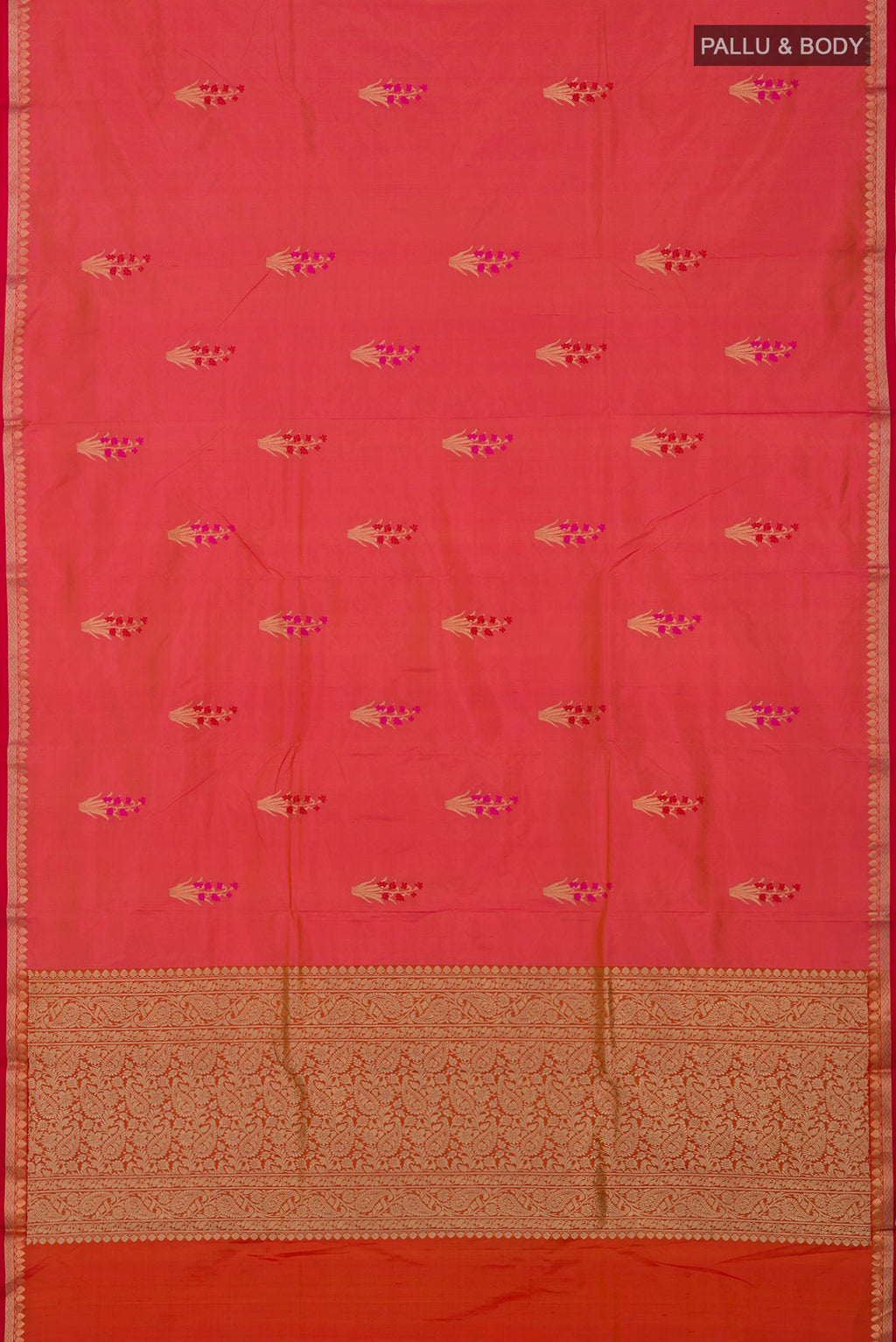 Flat view of Pink Banarasi Katan Silk Saree with Zari Butta on the body and Zari Border. 