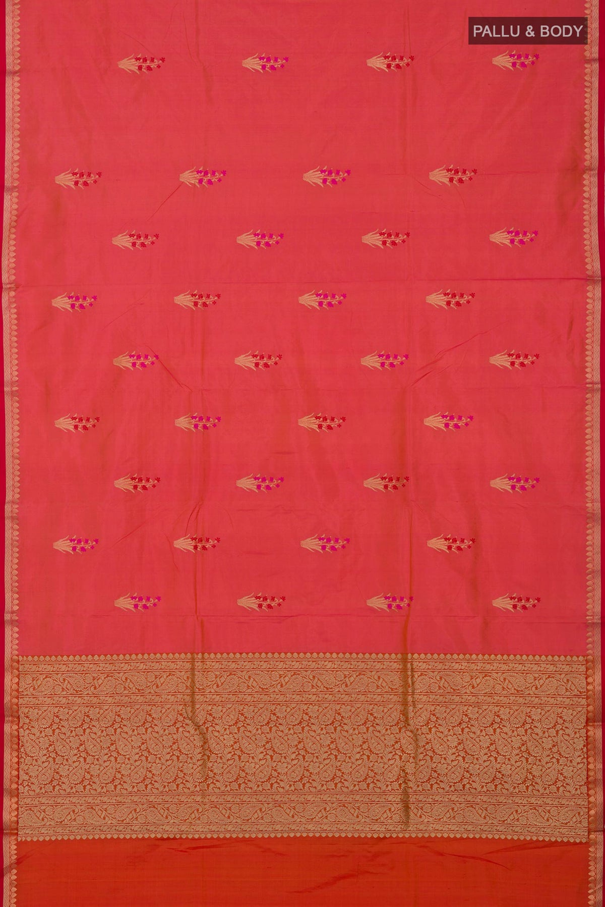 Flat view of Pink Banarasi Katan Silk Saree with Zari Butta on the body and Zari Border. 