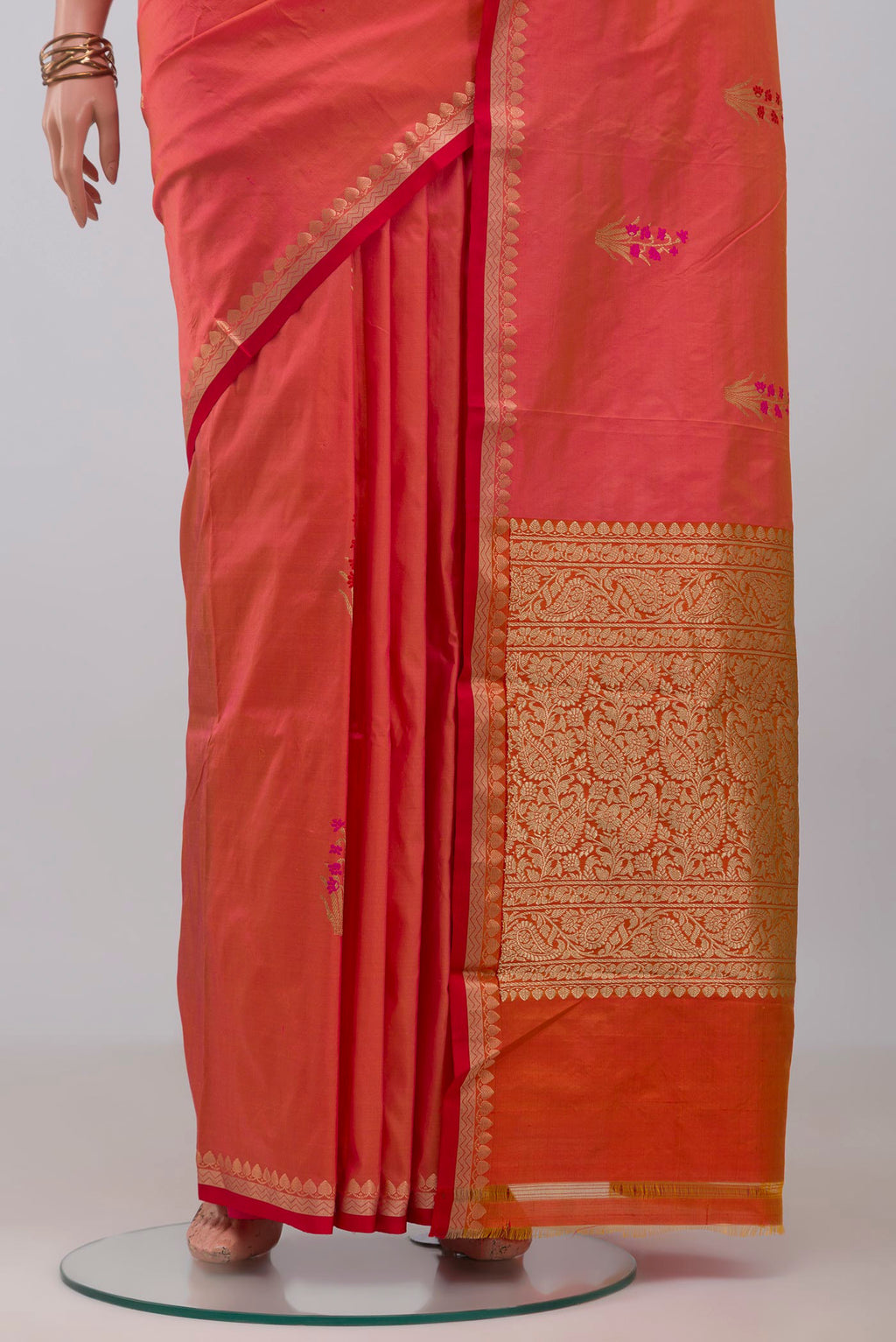 Pleats and pallu of Pink Banarasi Katan Silk Saree with Zari Butta on the body and Zari Border. 