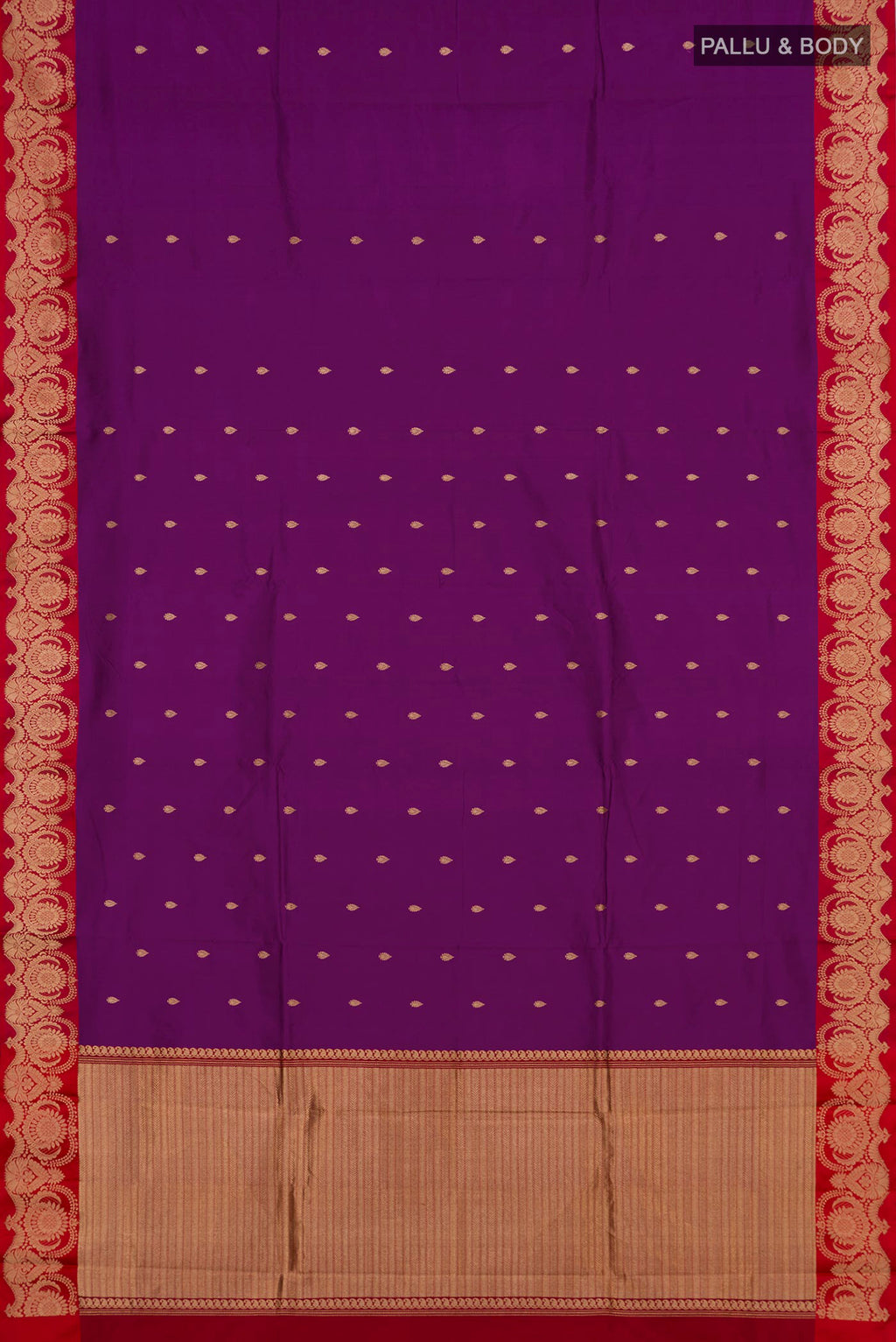 Flat view of Purple Banarasi Katan Silk Saree with Zari Butta on the body and Fancy Border. 