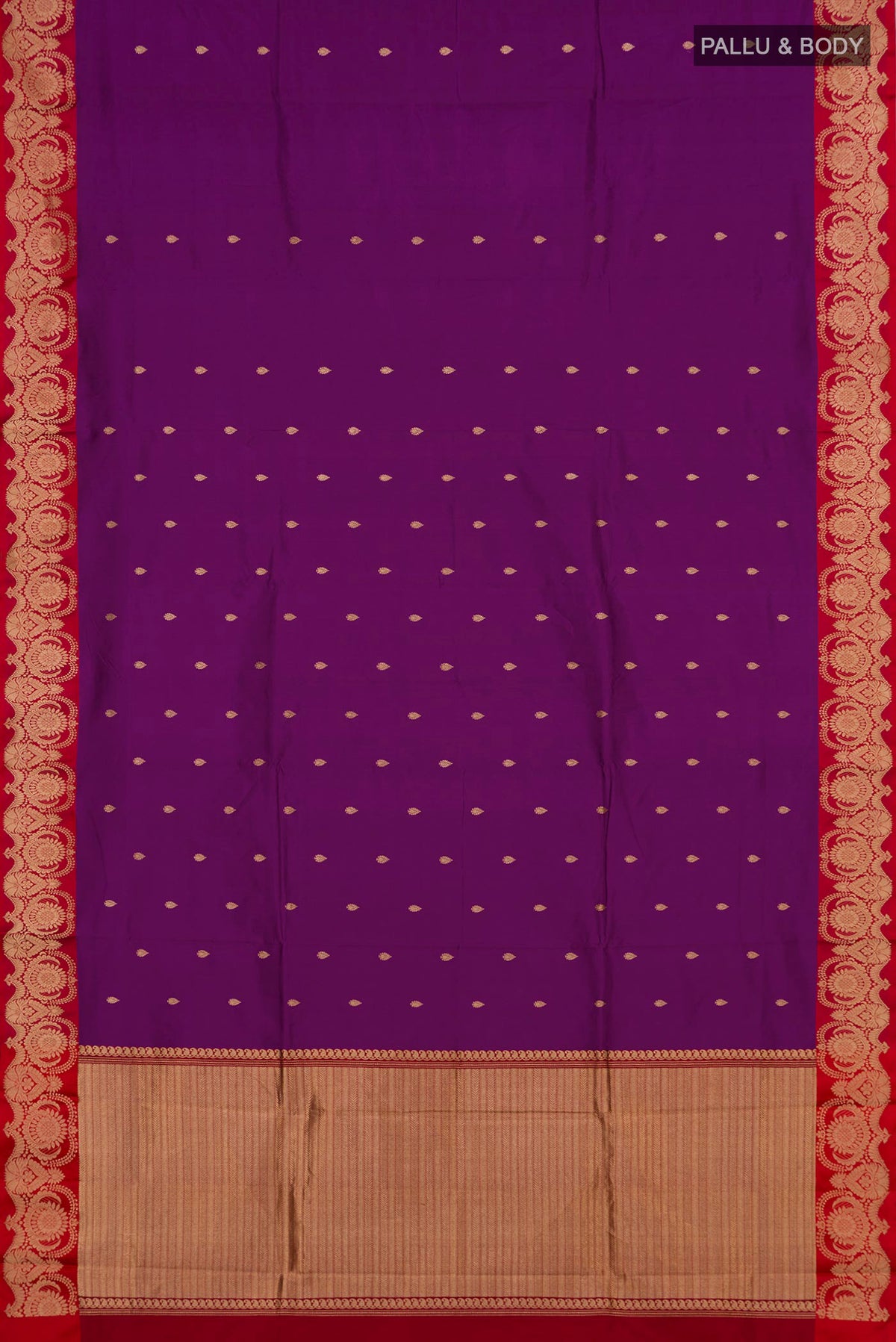 Flat view of Purple Banarasi Katan Silk Saree with Zari Butta on the body and Fancy Border. 