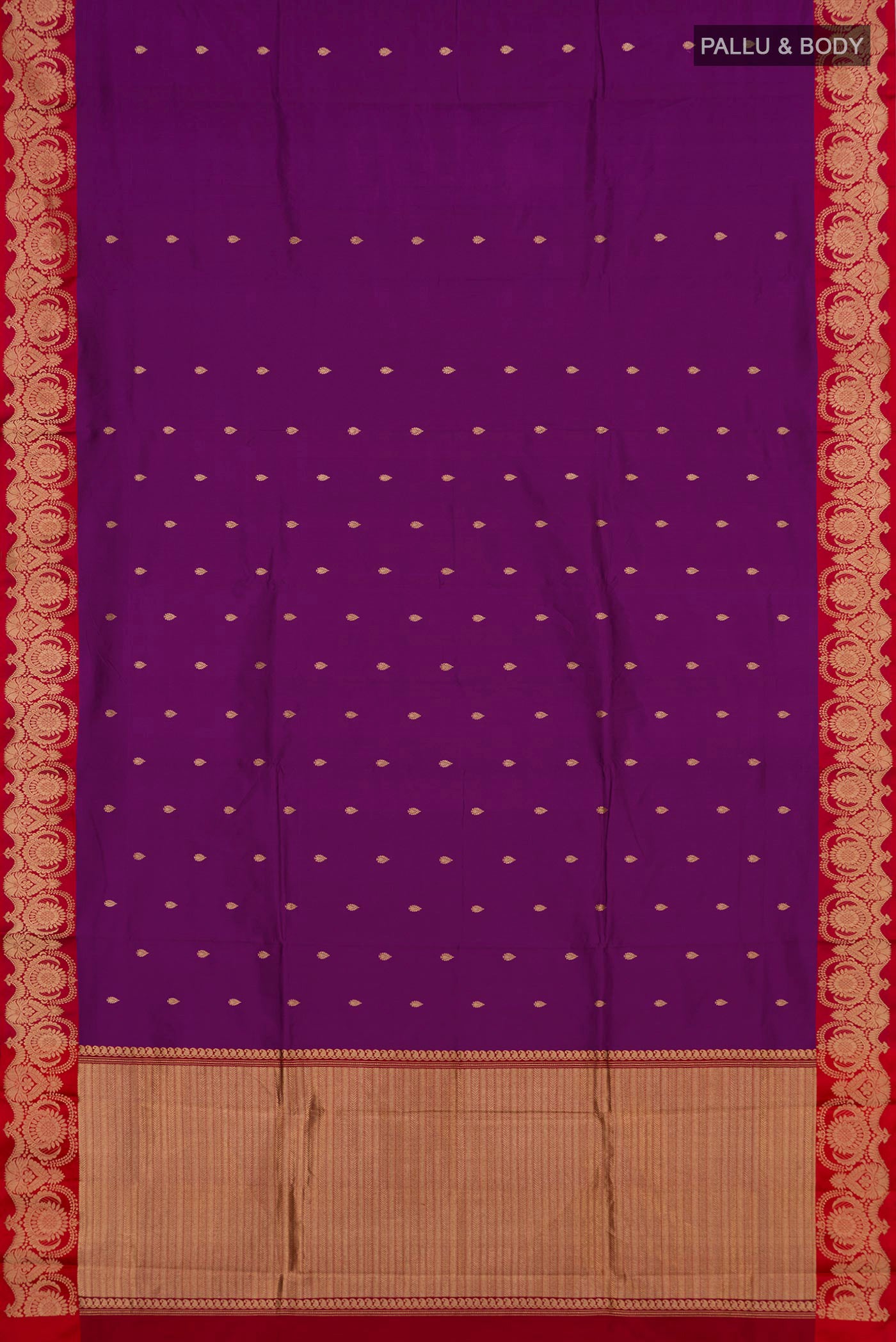 Flat view of Purple Banarasi Katan Silk Saree with Zari Butta on the body and Fancy Border. 
