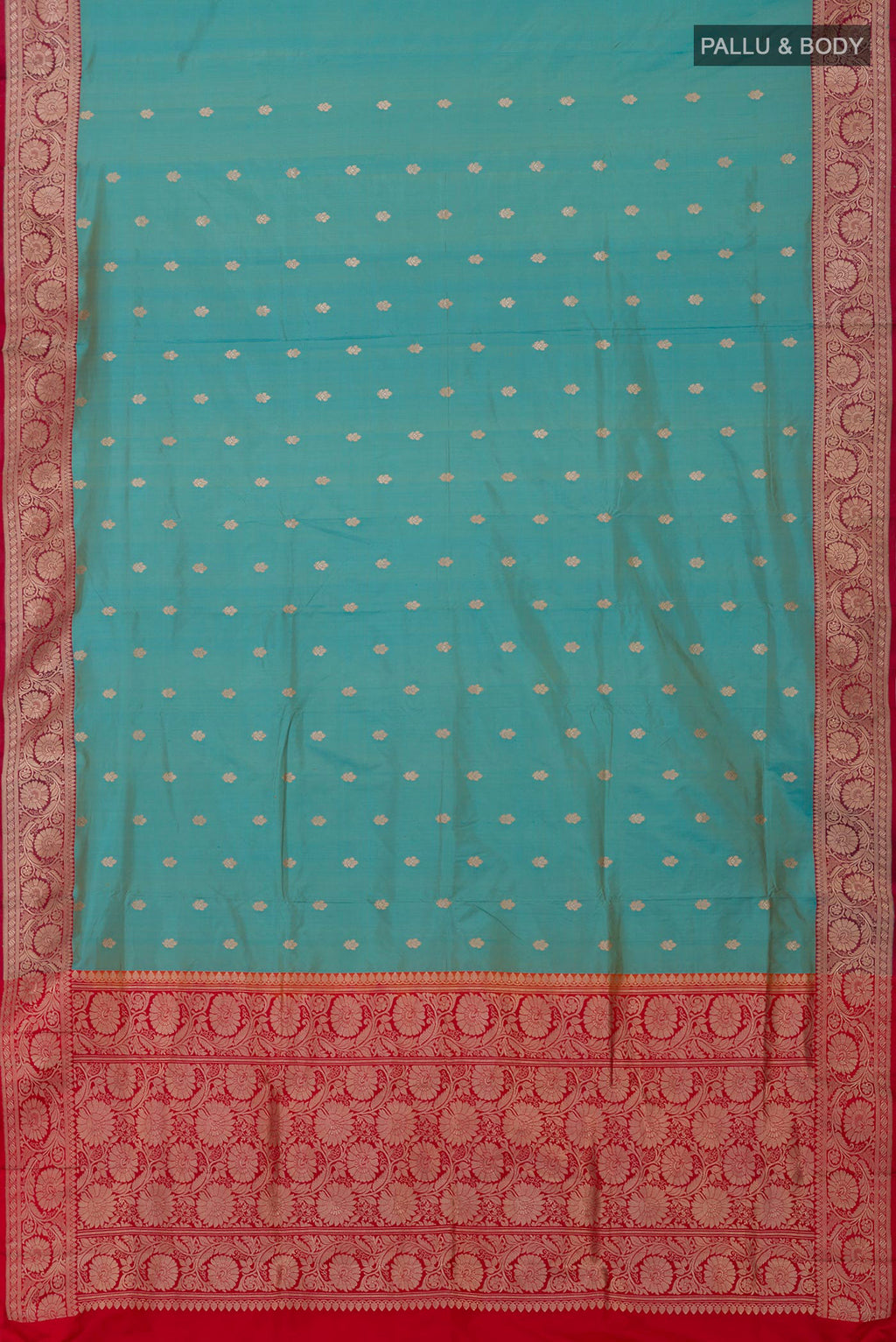 Flat view of Blue Banarasi Katan Silk Saree with Zari Butta on the body and Zari Border. 