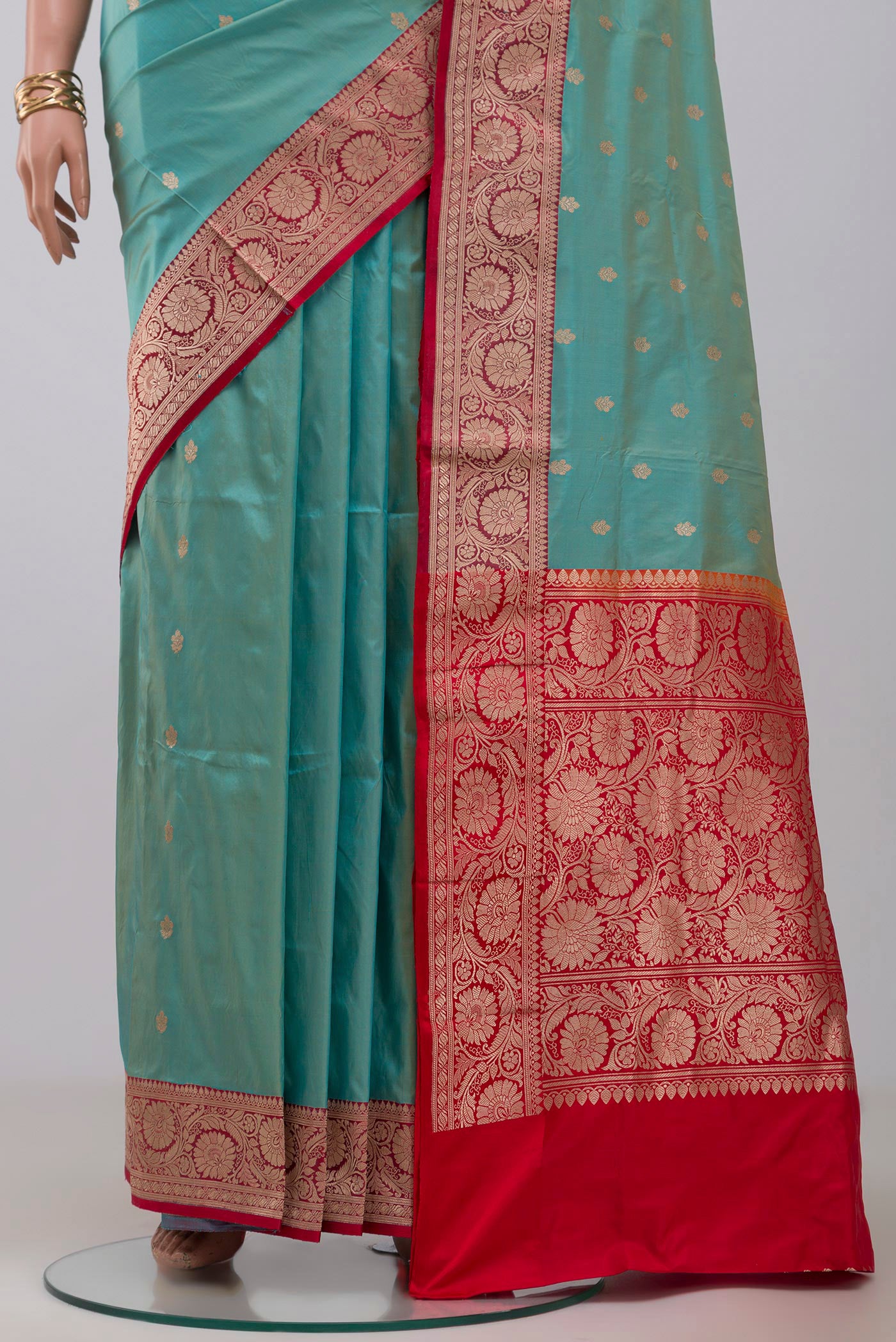 Pleats and pallu of Blue Banarasi Katan Silk Saree with Zari Butta on the body and Zari Border. 