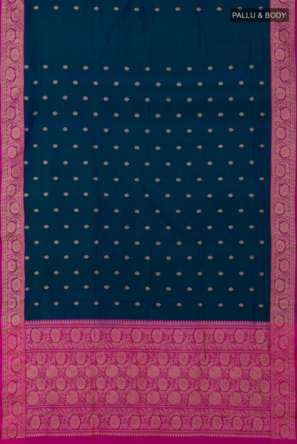 Flat view of Blue Banarasi Katan Silk Saree with Zari Butta on the body and Fancy Border. 