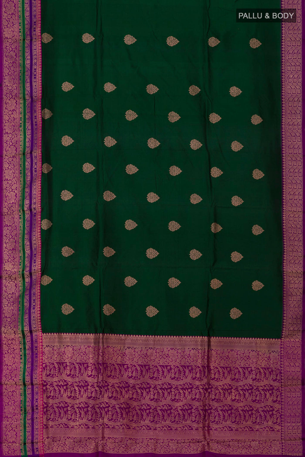 Flat view of Green Banarasi Katan Silk Saree with Zari Butta on the body and Fancy Border. 
