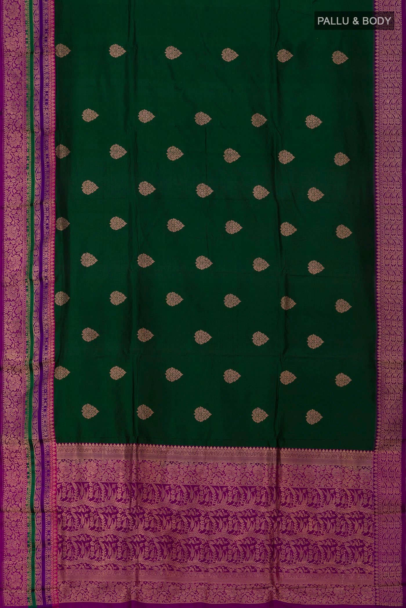 Flat view of Green Banarasi Katan Silk Saree with Zari Butta on the body and Fancy Border. 