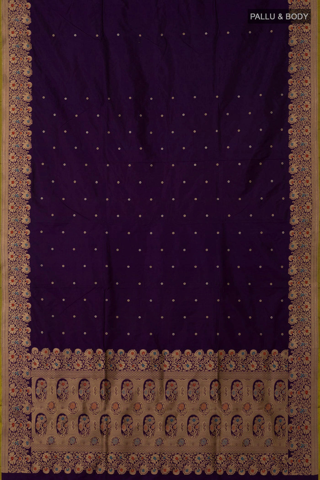Flat view of Navy Blue Banarasi Katan Silk Saree with Zari Butta on the body and Zari Border. 