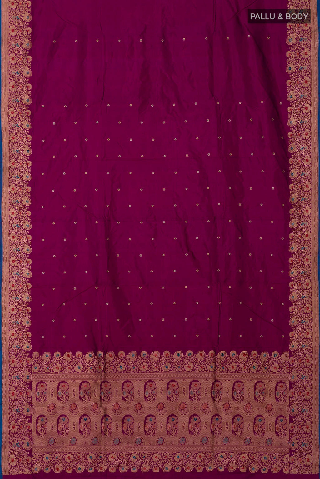 Flat view of Purple Banarasi Katan Silk Saree with Zari Butta on the body and Fancy Border. 