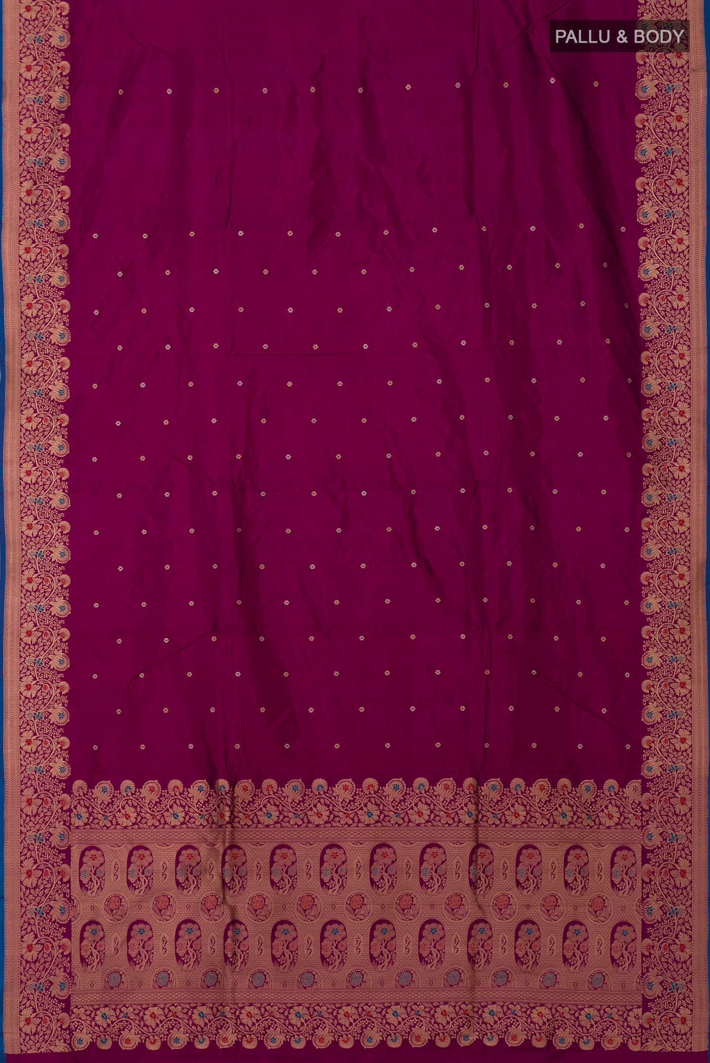 Flat view of Purple Banarasi Katan Silk Saree with Zari Butta on the body and Fancy Border. 