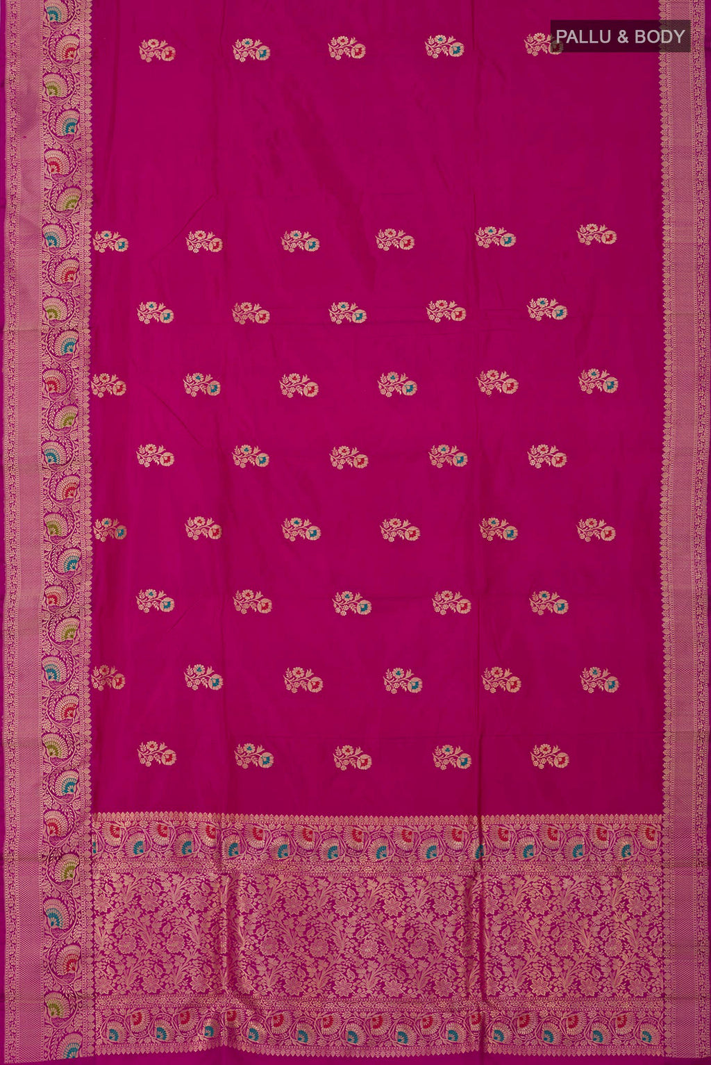 Flat view of Pink Banarasi Katan Silk Saree with Zari Butta on the body and Fancy Border. 