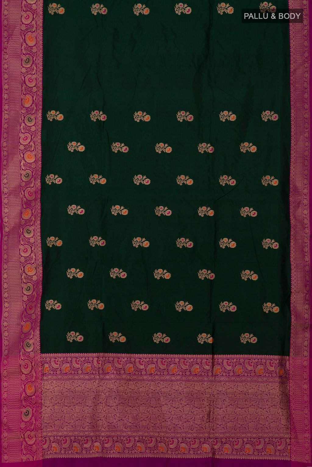 Flat view of Bottle Green Banarasi Katan Silk Saree with Zari Butta on the body and Fancy Border. 
