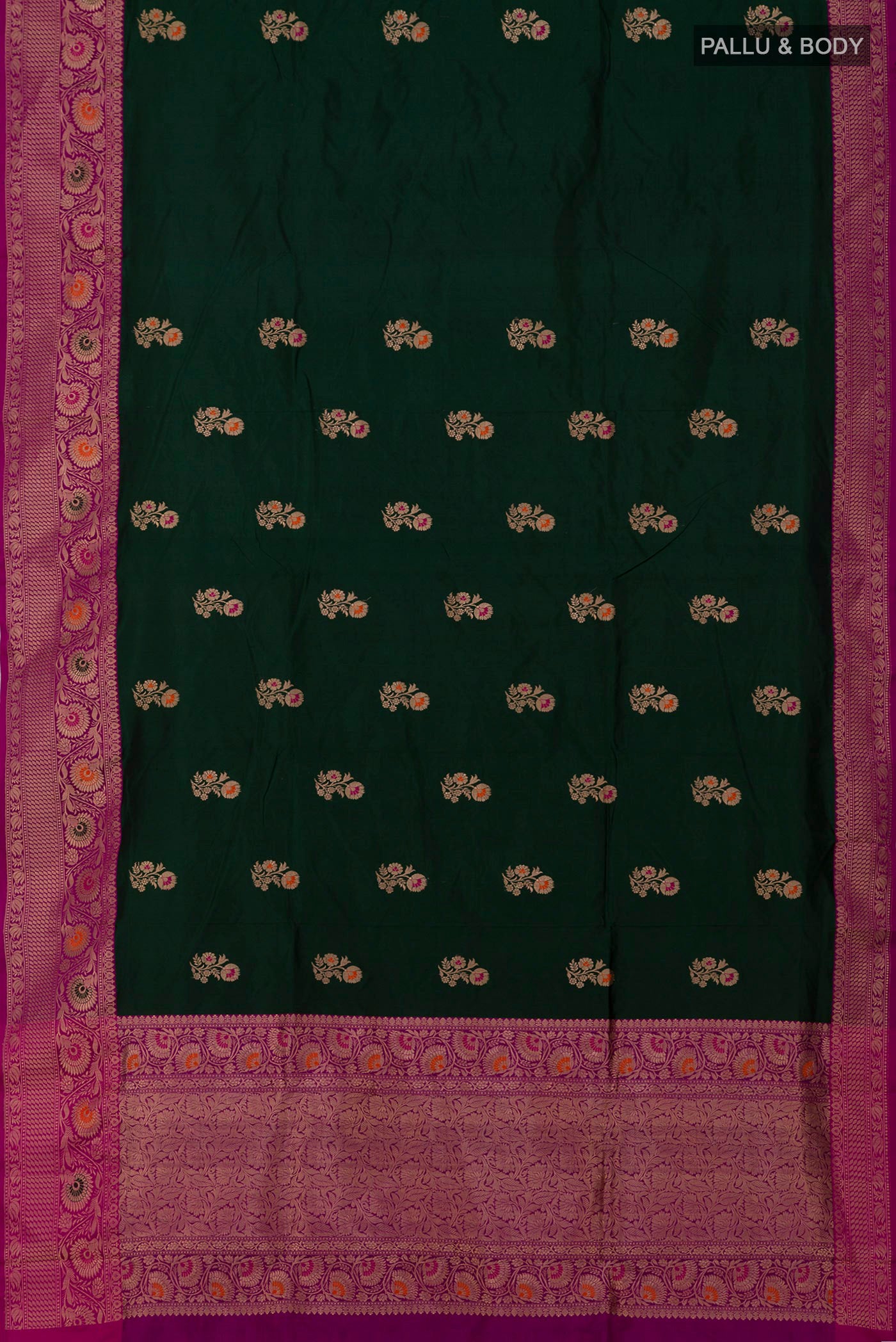 Flat view of Bottle Green Banarasi Katan Silk Saree with Zari Butta on the body and Fancy Border. 