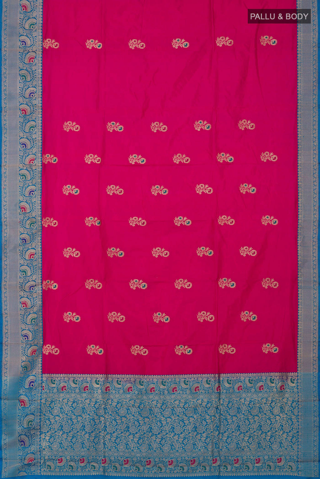 Flat view of Pink Banarasi Katan Silk Saree with Zari Butta on the body and Fancy Border. 