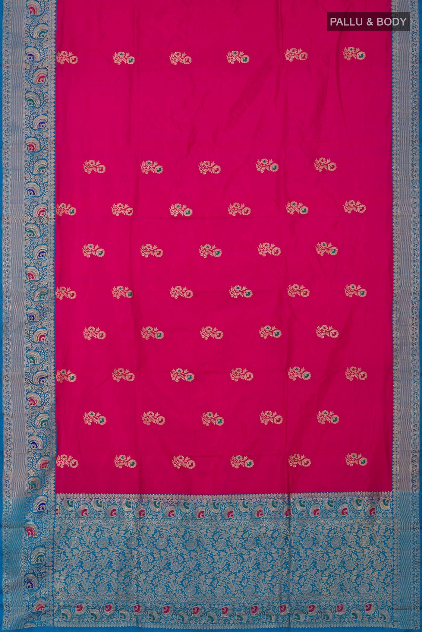 Flat view of Pink Banarasi Katan Silk Saree with Zari Butta on the body and Fancy Border. 