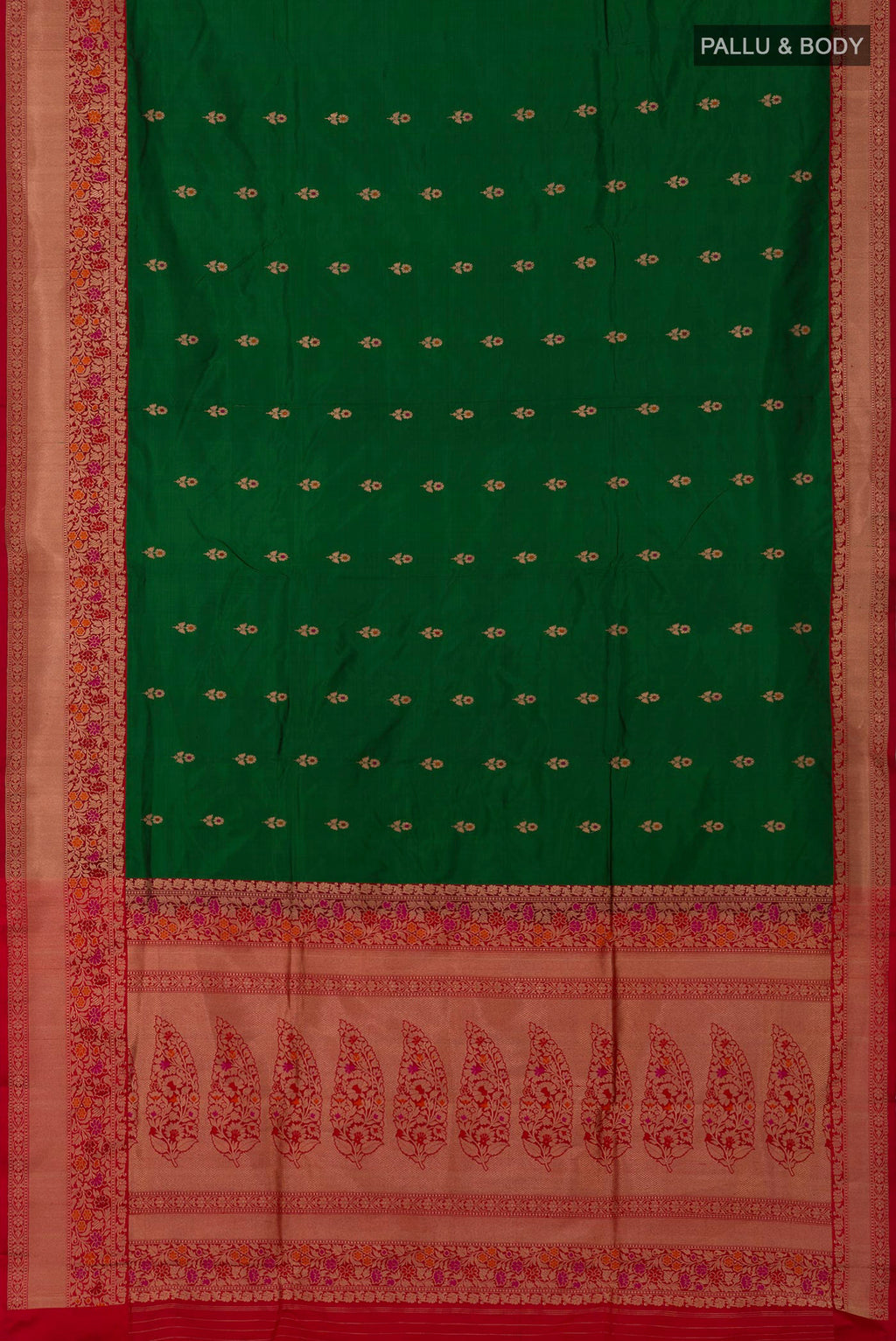 Flat view of Green Banarasi Katan Silk Saree with Zari Butta on the body and Zari Border. 