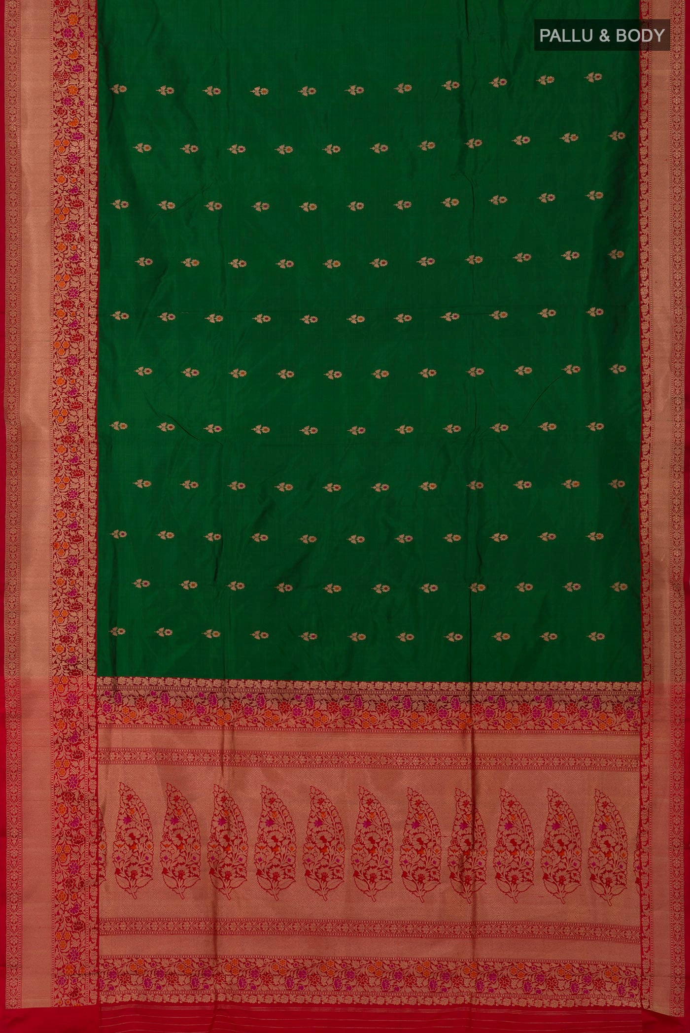 Flat view of Green Banarasi Katan Silk Saree with Zari Butta on the body and Zari Border. 