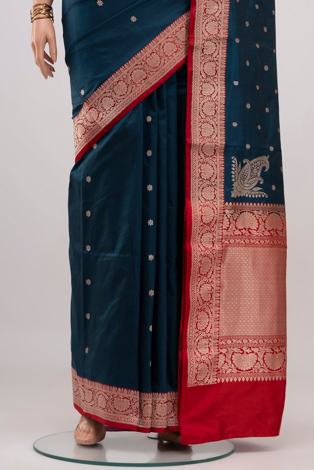 Pleats and pallu of Blue Banarasi Katan Silk Saree with Zari Butta on the body and Zari Border. 