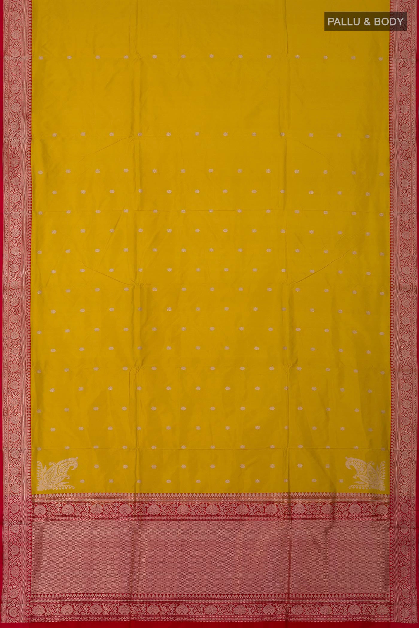 Flat view of Yellow Banarasi Katan Silk Saree with Zari Butta on the body and Zari Border. 