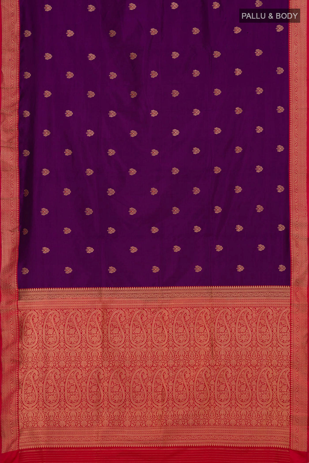 Flat view of Purple Banarasi Katan Silk Saree with Zari Butta on the body and Zari Border. 