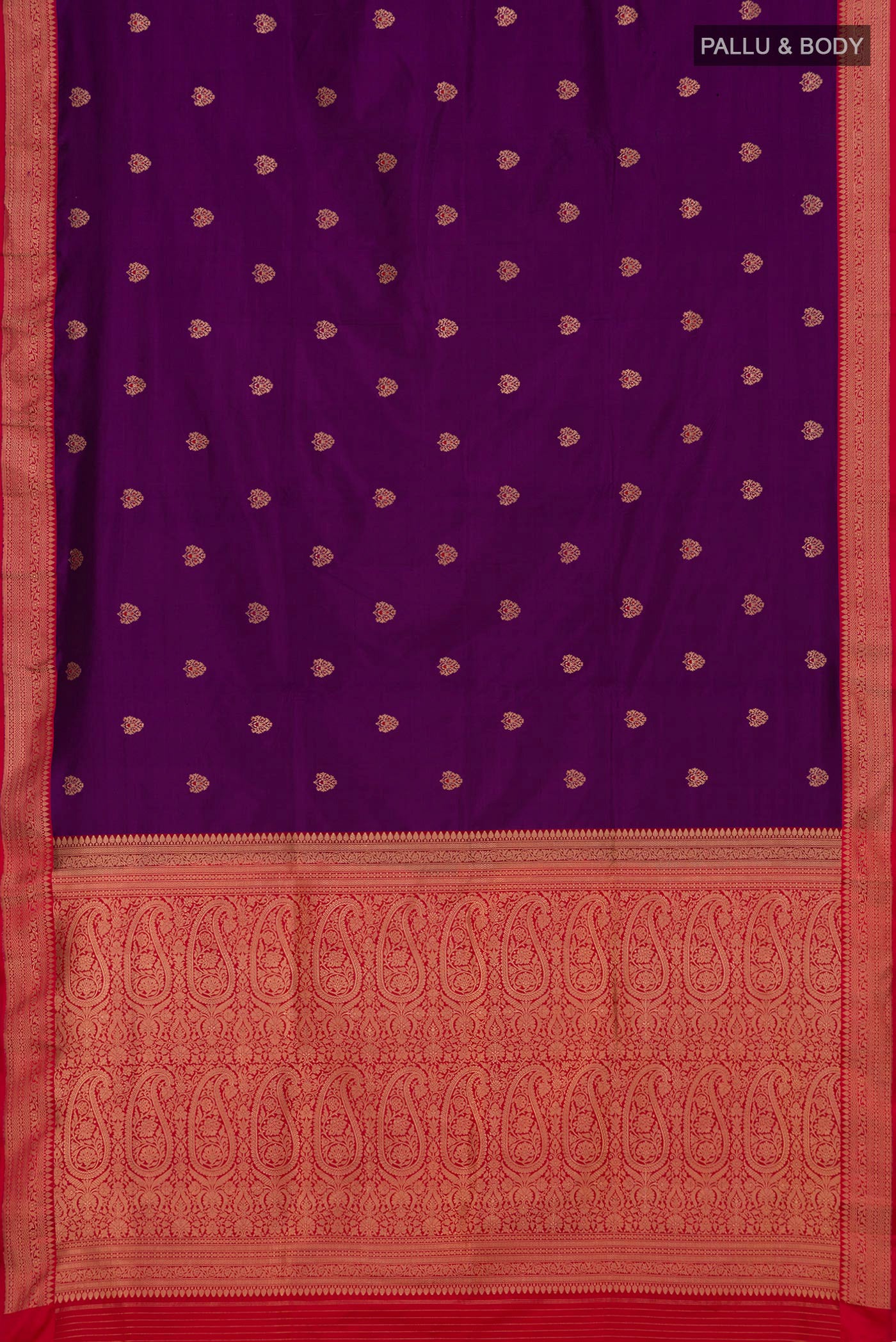 Flat view of Purple Banarasi Katan Silk Saree with Zari Butta on the body and Zari Border. 