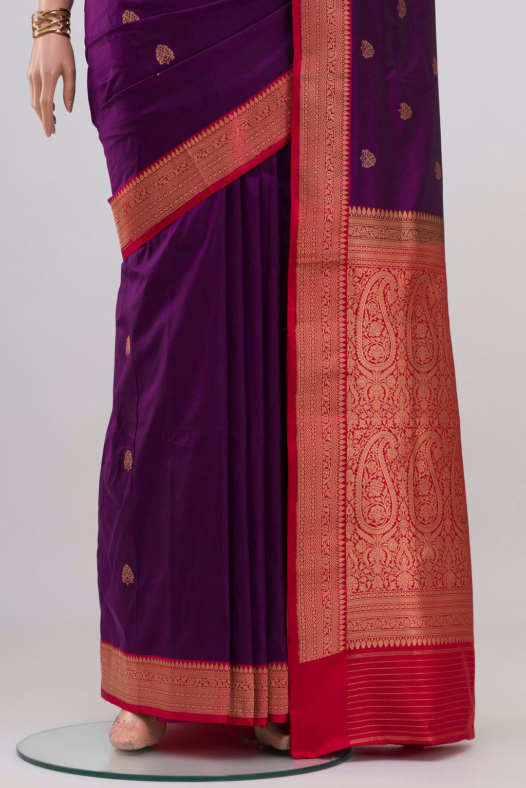 Pleats and pallu of Purple Banarasi Katan Silk Saree with Zari Butta on the body and Zari Border. 