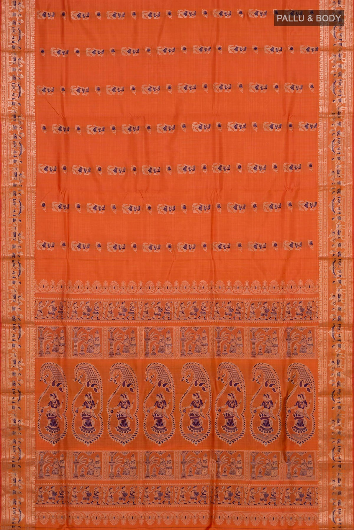 Flat view of Pure Silk Orange Baluchari Saree with Zari Butta on the body and Fancy Border. 