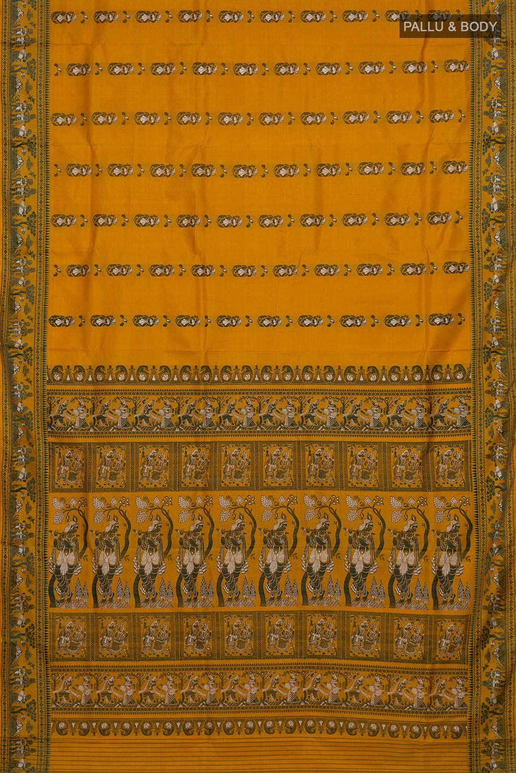 Flat view of Pure Silk Mustard Baluchari Saree with Thread Butta on the body and Thread Border. 