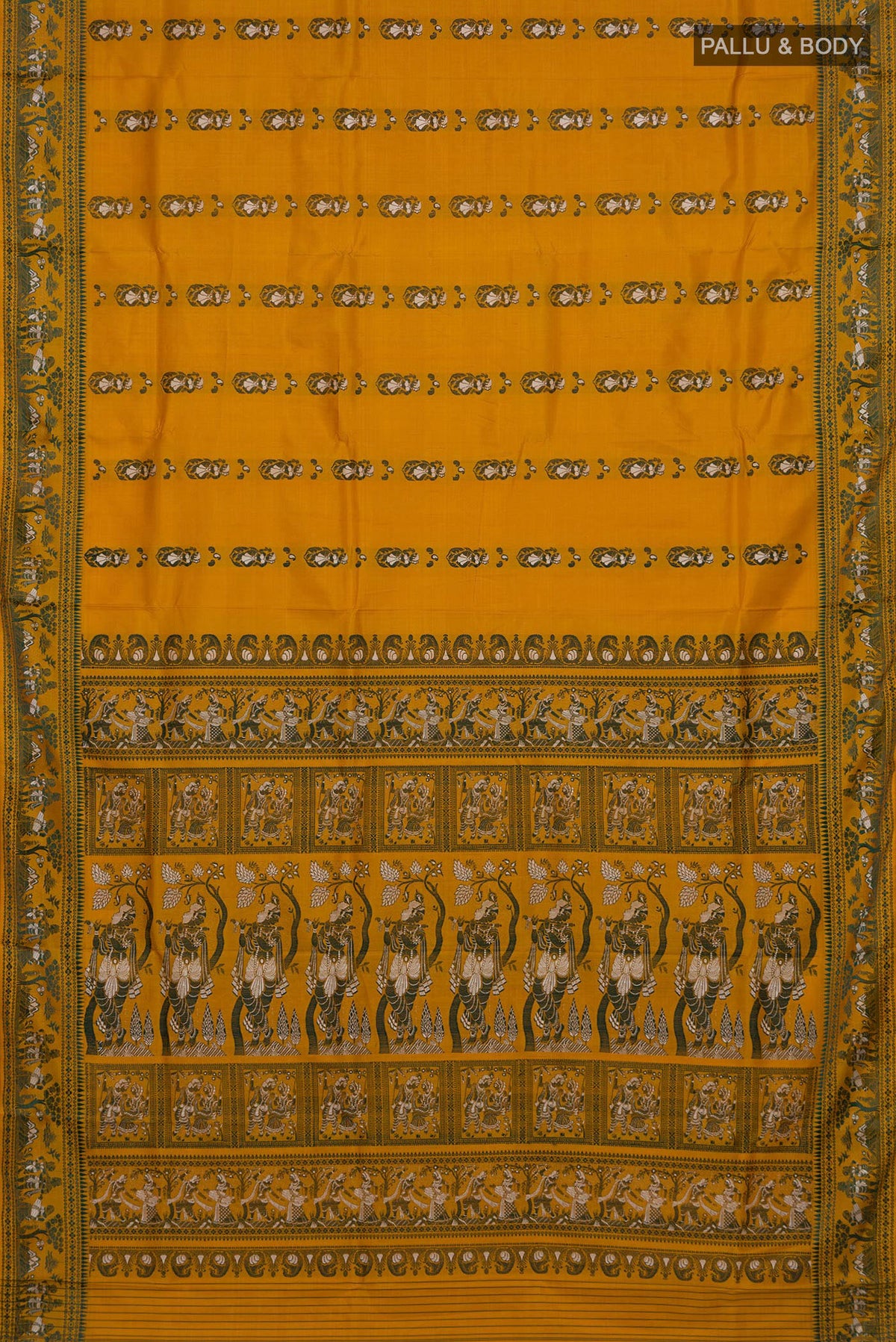 Flat view of Pure Silk Mustard Baluchari Saree with Thread Butta on the body and Thread Border. 