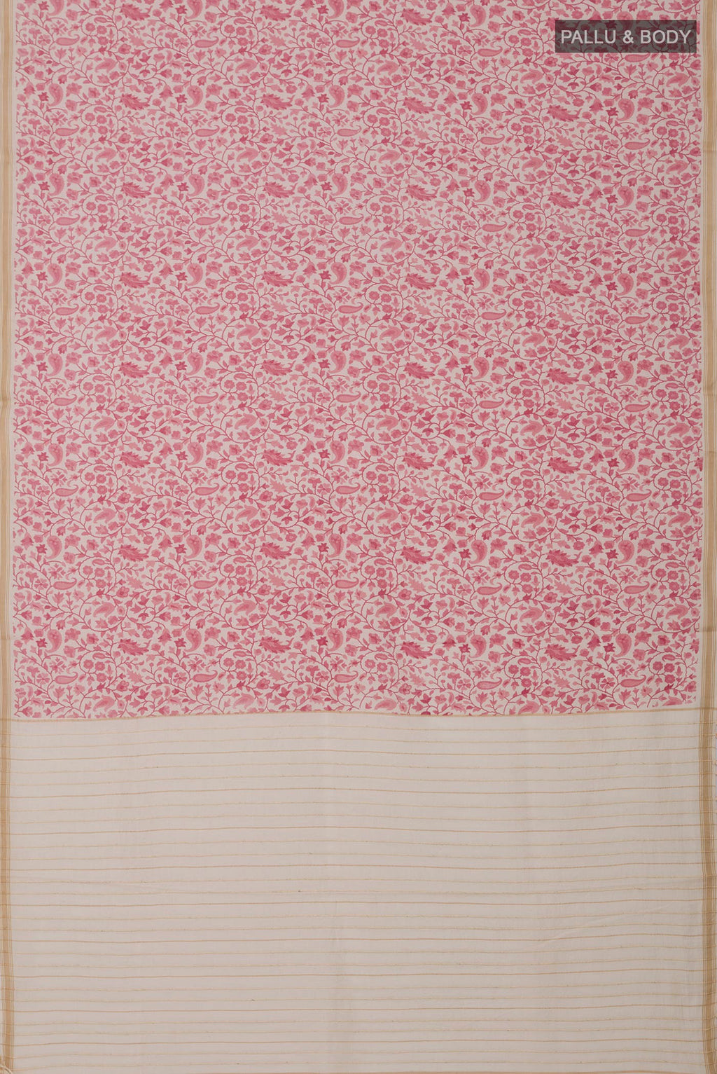Flat view of Cream Tussar Silk Saree with Printed design on the body and Thin Zari Line. 