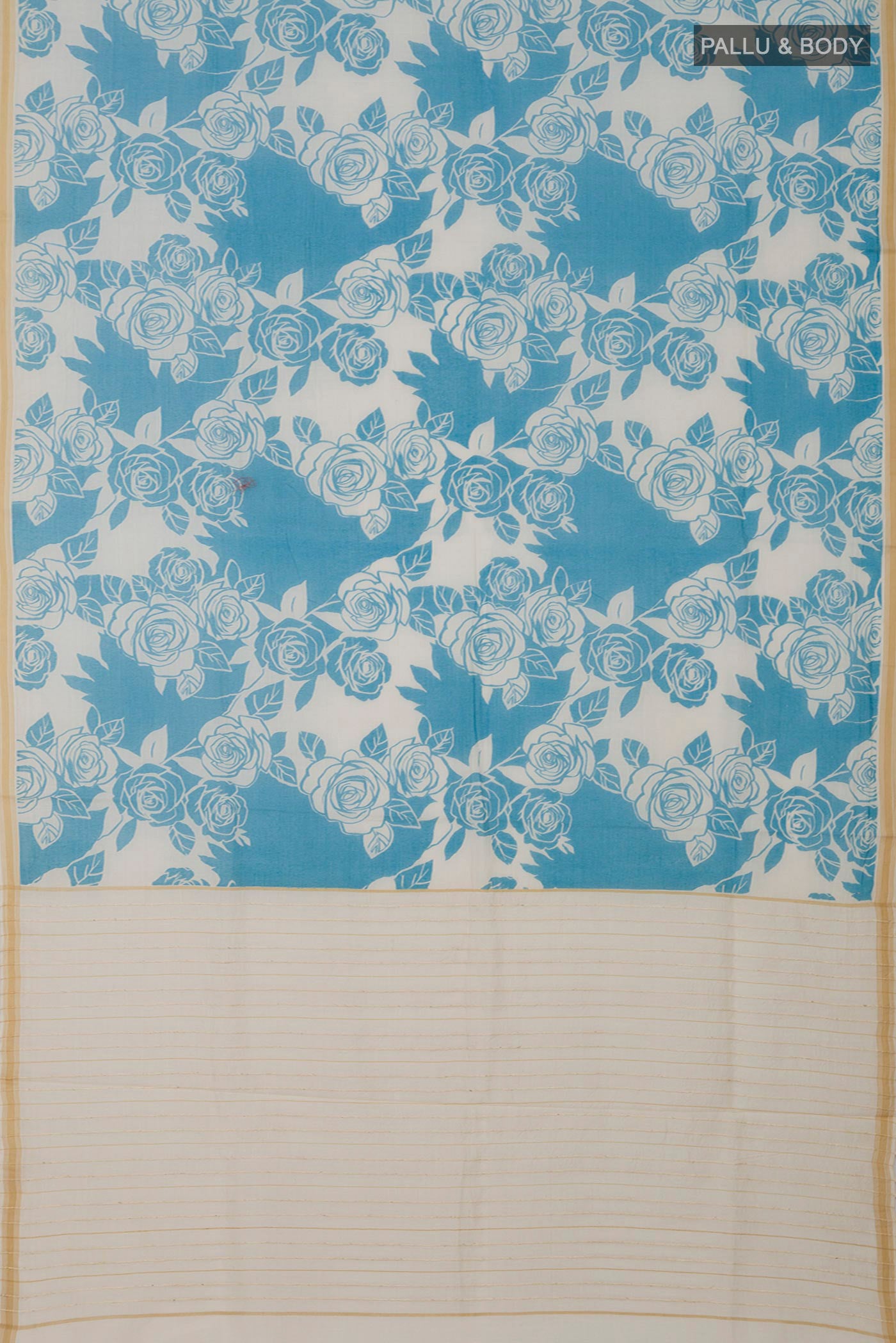 Flat view of Cream Tussar Silk Saree with Floral Print on the body and Plain Border. 