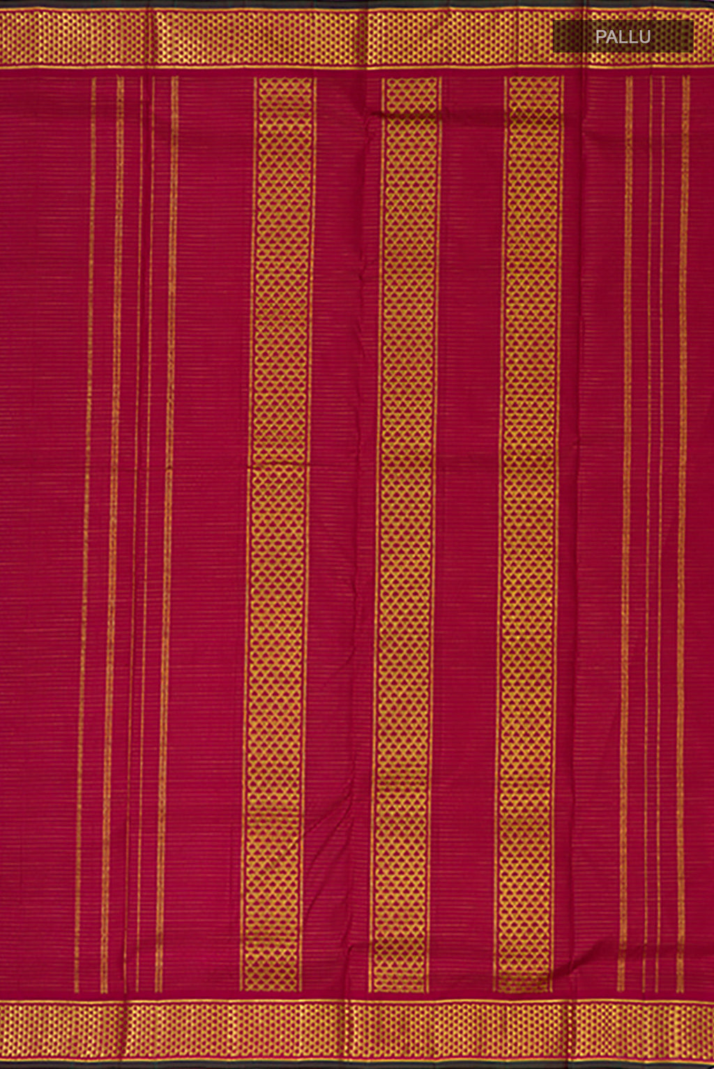 Close up image of the pallu of Pure Silk Maroon Kanjivaram Nine Yards Saree with Stripes on the body and Zari Border. 