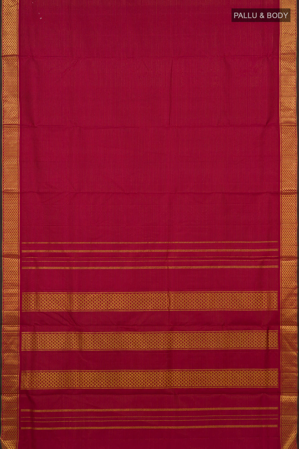 Flat view of Pure Silk Maroon Kanjivaram Nine Yards Saree with Stripes on the body and Zari Border. 
