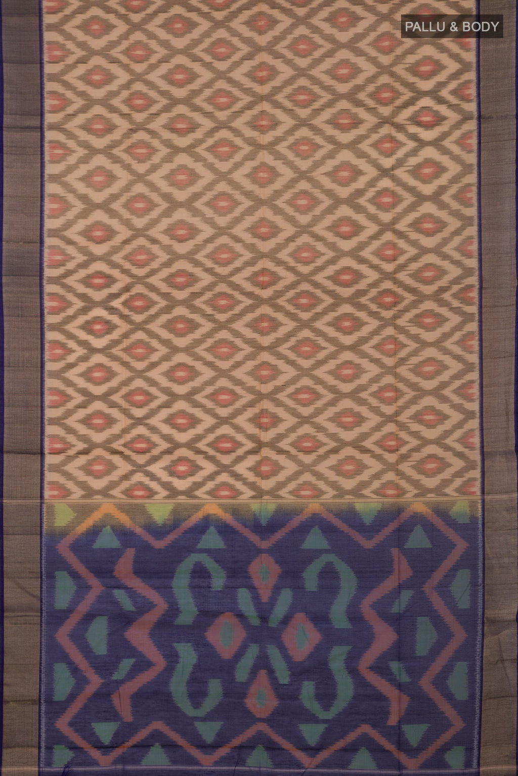 Flat view of Cream Silk Cotton Saree with Ikat Print on the body and Zari Border. 