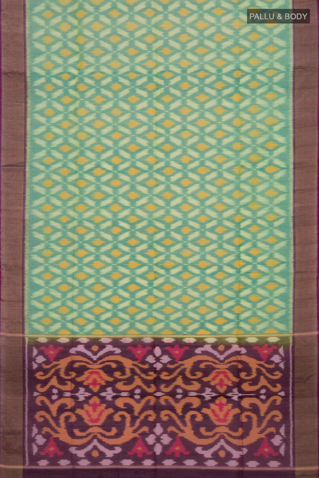 Flat view of Light Green Silk Cotton Saree with Ikat design on the body and Zari Border. 