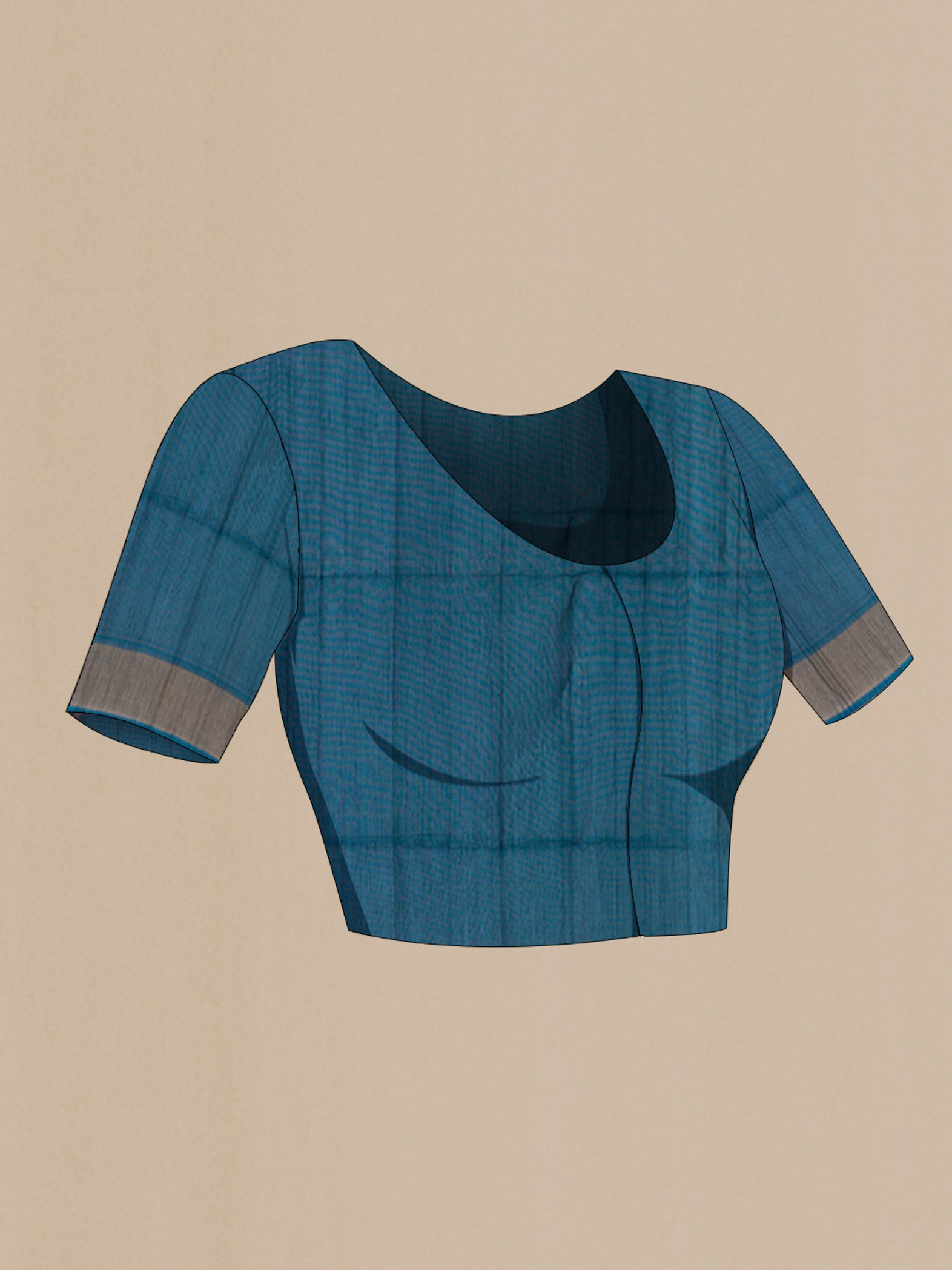 Close up image of the blouse of Navy Blue Silk Cotton Saree with Ikat design on the body and Zari Border. 